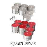 ModaCar TeaLights Yuvarlak Mum KIRMIZI BEYAZ 50 Lİ SET