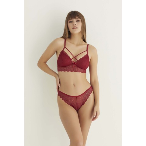 Bordo Destekli Çapraz Dantelli Bralet Takım 5527 Beden 90