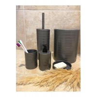 Banyo Seti 5'li Gri Çöp Kovası Wc Fırçalık Sıvı Sabunluk Katı Sabunluk