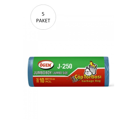 J-250 Jumbo Boy Çöp Torbası 80 x 110 cm 10 Lu Rulo x 5 Paket = 50 Adet (Mavi)