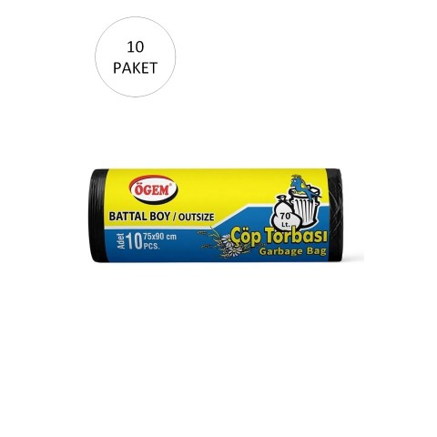 Battal Boy Çöp Torbası 75 x 90 cm 10 Lu Rulo x 10 Paket = 100 Adet (Siyah)