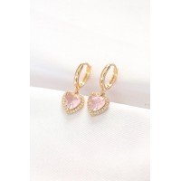 316L Çelik Gold Renk Pembe Taşlı Minimal Kalp Küpe - TJ-BKP8893