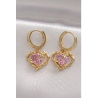 Pirinç Gold Renk Pembe Zirkon Taşlı Kalp Tasarım Küpe - TJ-BKP8961