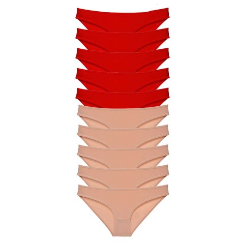 10 adet Eko Set Likralı Kadın Slip Külot Kırmızı Ten Beden L