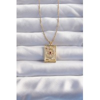 316L Çelik Zincir Gold Renk Pembe Zirkon Taşlı Tarot Kolye - TJ-BKO8982