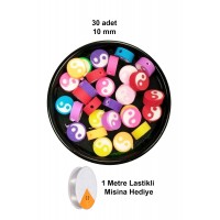 30 Adet 10 mm Polimer Kil Fimo Boncuk Takı Bileklik + 1 Metre Lastikli Misina Hediye - Renkli Yin Yang