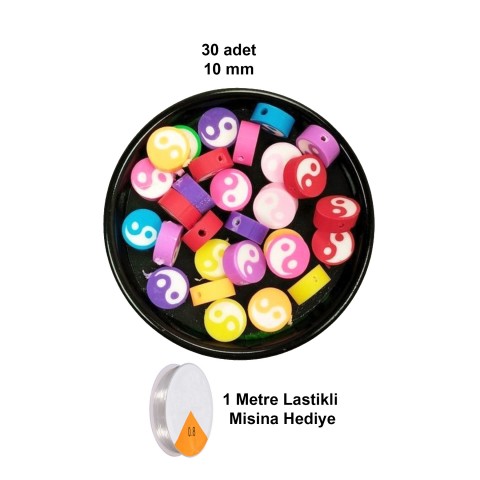 30 Adet 10 mm Polimer Kil Fimo Boncuk Takı Bileklik + 1 Metre Lastikli Misina Hediye - Renkli Yin Yang