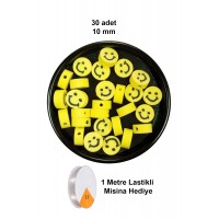 30 Adet 10 mm Polimer Kil Fimo Boncuk Takı Bileklik + 1 Metre Lastikli Misina Hediye - Gülen Yüz Smile