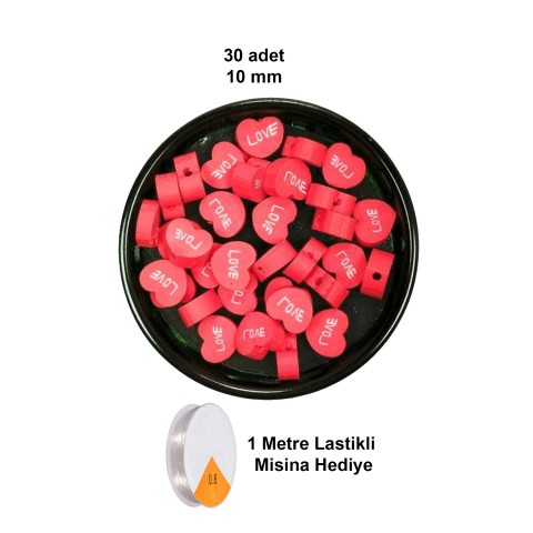 30 Adet 10 mm Polimer Kil Fimo Boncuk Takı Bileklik + 1 Metre Lastikli Misina Hediye - Kalp Love