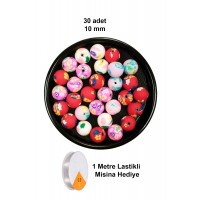 30 Adet 10 mm Polimer Kil Fimo Boncuk Takı Bileklik + 1 Metre Lastikli Misina Hediye - Desenli Yuvarlak