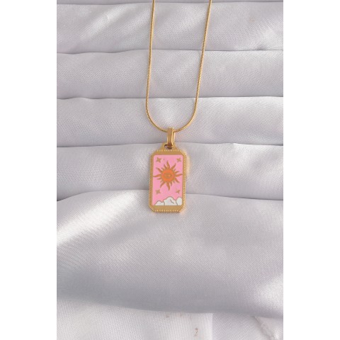 316L Çelik Gold Renk Pembe Mineli Güneş Model Tarot Kolye - TJ-BKO9029