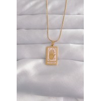 316L Çelik Gold Renk Pembe Mineli El Figür Tarot Kolye - TJ-BKO9031